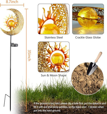 LICKLIP Garden Solar Lights Outdoor Decorative, Sun & Moon Crackle Glass Globe Metal Stake Light, Waterproof Warm White LED Light, Decorations for Pathway Lawn Patio Courtyard Backyard (1 Pack)