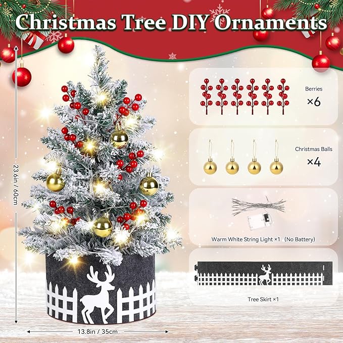2FT Snow Flocked Mini Christmas Tree with Lights, Pre-Lit Small Christmas Tree for Home, Artificial Xmas Tree for Office, Shop, Bar, Party, Indoor Outdoor Decoration (Battery Not Included)