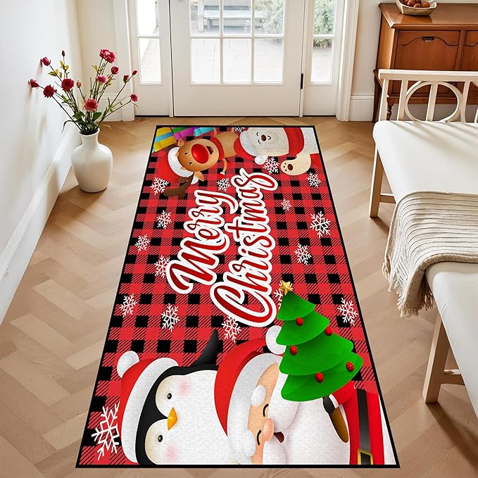 Christmas Rug Xmas Holiday Decorative Christmas Tree and Snowflake Pattern Welcome Mat for Home Decoration Non Slip Doormat Outdoor Indoor Entrance Floor Mat,79" X 39"