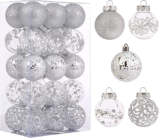 Christmas Ornaments Set, 30ct 2.36inch Assorted Clear Christmas Ornaments Shatterproof for Christmas Tree Decoration Silver Hanging Balls for Thanksgiving Xmas Wedding Party Home Indoor Outdoor Decor