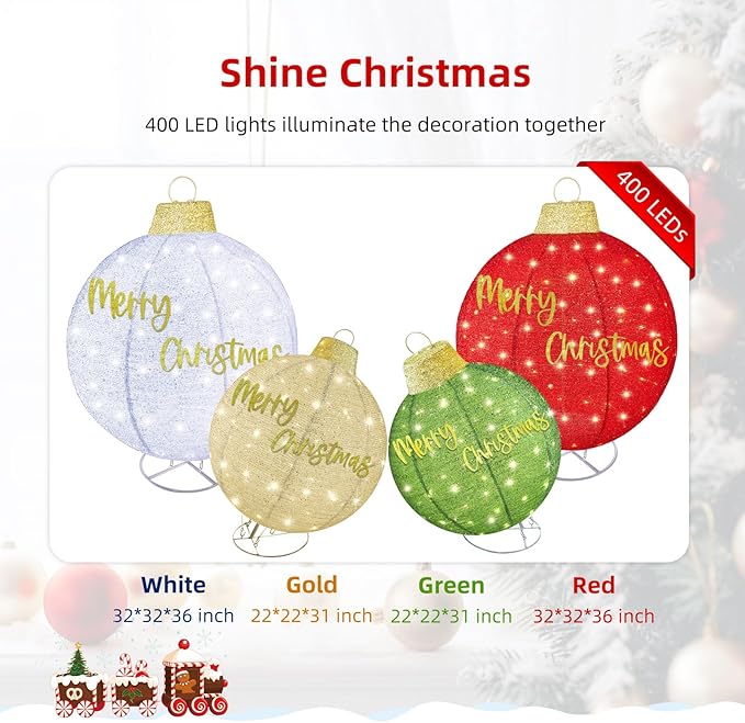 HOYECHI 4-Piece Oversized Christmas Ornament Set – Lighted Holiday Balls with 400 LEDs, 8 Lighting Modes, Waterproof Outdoor Yard Decorations - Red/Green/White/Yellow