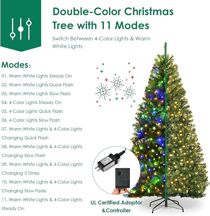 COSTWAY 8 FT Pre-lit Christmas Tree, Artificial Xmas Tree with 750 Warm White & Multicolored Lights, 11 Modes, 2128 Branch Tips, Metal Support, Holiday Decoration Fake Tree for Home, Office, Party