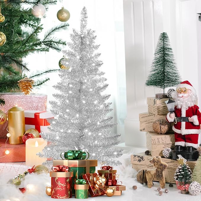 4ft Artificial Full Silver Christmas Tree with Separate Lights, Not Pre-lit Mini Silver Tinsel Pine Christmas Tree, 50 Lights, Small Xmas Tree for Home, Office, Party Decoration, Indoor