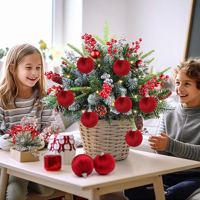 Woration 9pcs Red Velvet Christmas Hanging Ornaments Balls Set 2.36inch Garlands Xmas Tree DIY Decoration Hanging Plastic Balls for Holiday Wedding