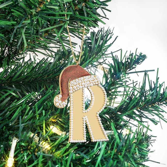 2025 Christmas Ornaments, Letter R Ornaments for X mas Tree,Hanging Christmas Red Hat Ornament for Mother Best Friends Sister Wife|R-Letter Ornament