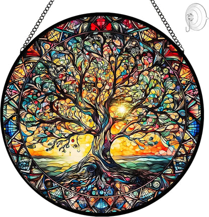 Tree of Life Suncatcher Stained Glass Window Hanging - 8″ Handmade Sun Catchers Indoor Window Catcher Suncatchers for Windows Hanging - Wall Art Home Garden Fall Decor Birthday Gifts for Women Men