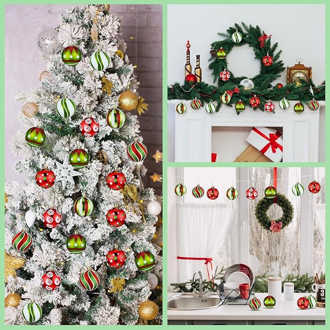 Leyndo 30 Pcs Christmas Ball Ornaments 2.4 Inch Lime Green Red White Whimsical Christmas Tree Decorations Glitter Elf Polka Dot Stripes Swirl Peppermint Candy Cane Xmas Bulbs for Tree(Stylish Style)