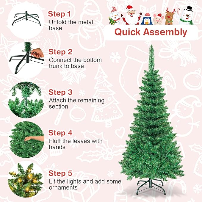 Goplus 4.5ft Prelit Pencil Christmas Tree, Premium Hinged Fir Tree, with Warm White LED Lights and Solid Metal Stand, Easy Assemble, Ideal Artificial Xmas Tree for Home and Office