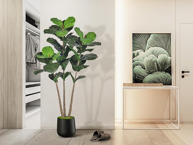 Artificial Fiddle Leaf Fig Tree, 5Ft Faux Floor Plants Fake Tropical Tree with Pot for Indoor Outdoor Office House Living Room Home Decor