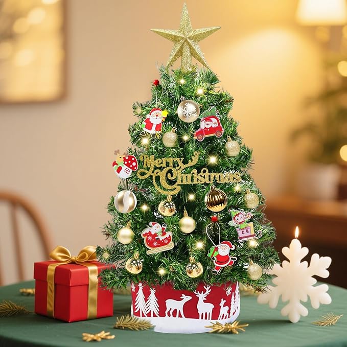 24" /2FT Mini Christmas Tree with Lights Timer 30 LEDs & 34 Ornaments, Small Tabletop Christmas Trees Artificial Christmas Decorations for Indoor Desk Room Office Home Decor Xmas