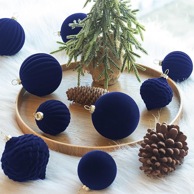 KI Store Velvet Christmas Balls Blue 25pcs Flocked Christmas Tree Ornaments Assortment for Xmas Tree Holiday Decor