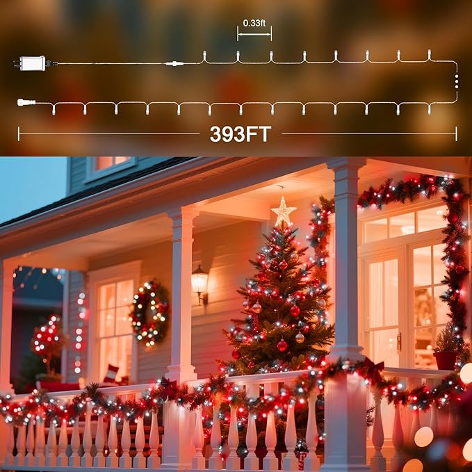 393 FT 1000 LED String Lights Outdoor Indoor, Christams String Lights Waterproof 8 Modes & Timer, Fairy Lights Plug in for Bedroom, Weeding, Patio, Party, Holiday,Christmas Decor (Red+White)