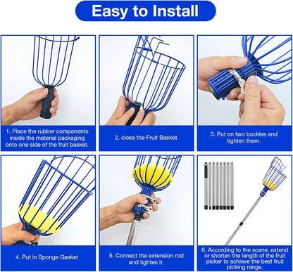 Steel Adjustable Splicing Fruit Picker Pole with Basket, 35-129 Inch Grabber Reacher Tool for Orange Lemon Apple Guava Mango Avocado Pear Tree Harvesting