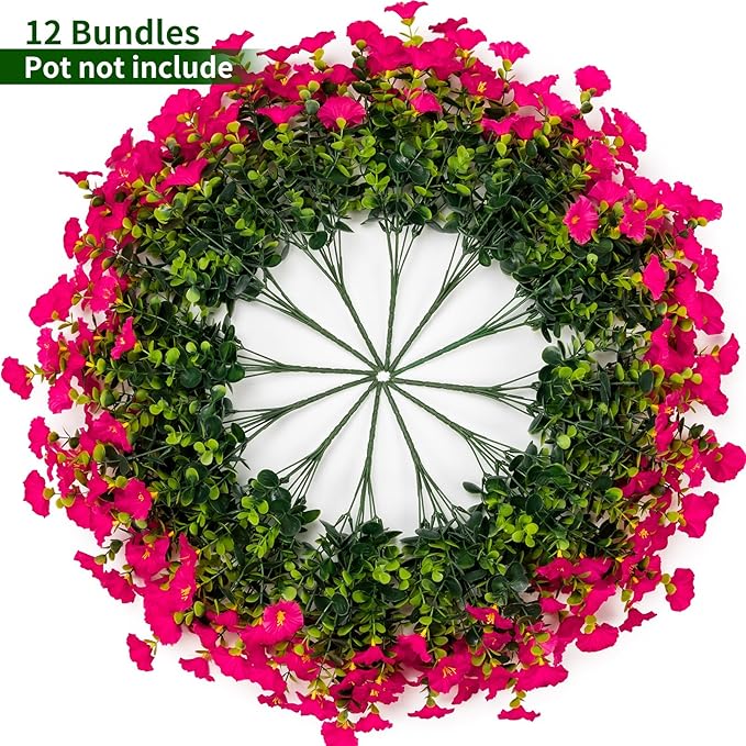 Lnoicy Artificial Flowers for Outdoor 12 Bundles Eucalyptus Fake Flowers for Planter,UV Resistant Fake Morning Glory for Home/Porch/Garden Decoration（Rose Red）