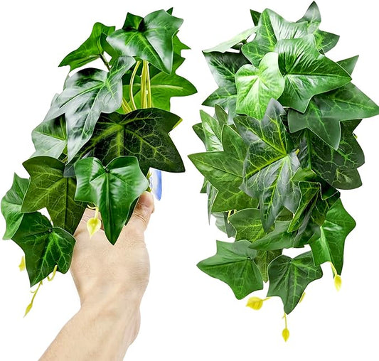 Woyrise Reptile Plants for Terrarium, Artificial Hanging Plants with Suction Cups, Amphibian Tank Habitat Decor Plastic Plant for Bearded Dragons Lizards Snake Geckos Frogs - 2Pack Green Ivy