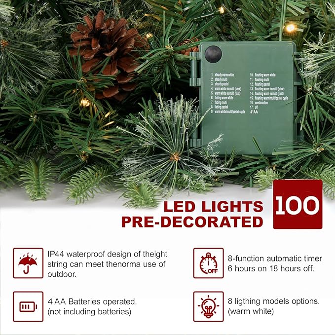 4ft Prelit Artificial Small Christmas Tree with Warm White Multi-Color LED Lights, Remote Control and Timer Operated, Metal Stand Red Berries & Pine Cone Slim Pencil Decoration for Indoor/Outdoor