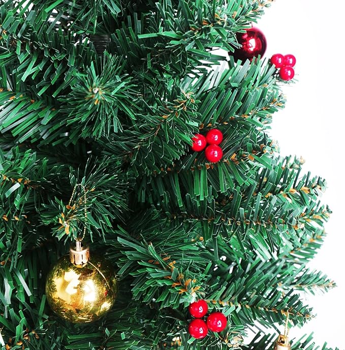 24 Inch Tabletop Christmas Tree, Artificial Mini Xmas Pine Tree with LED String Lights and Ornaments,Christmas Decoration Tree Decor-Red