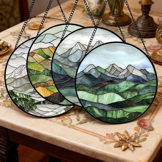 Stained Glass Window Hanging 4 Pcs Set Mountain River Landscape Large 15" - Suncatcher Door Garden Sun Catcher Decor Birthday Mother's Day for Mom Woman Nana Girl Boy Friend