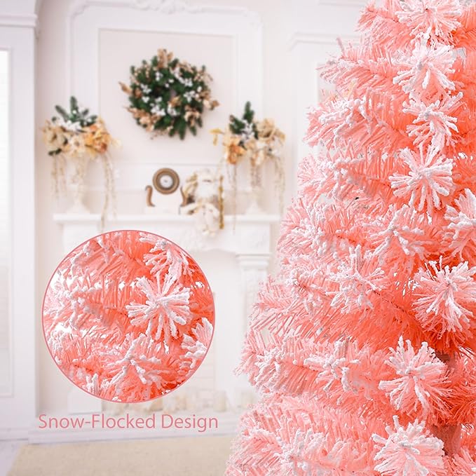 2Ft Artificial Christmas Tree Pink Tabletop Christmas Tree with Snow Flocked Mini Xmas Pine Tree with Wooden Stand for Indoor Outdoor Holiday Home Decoration