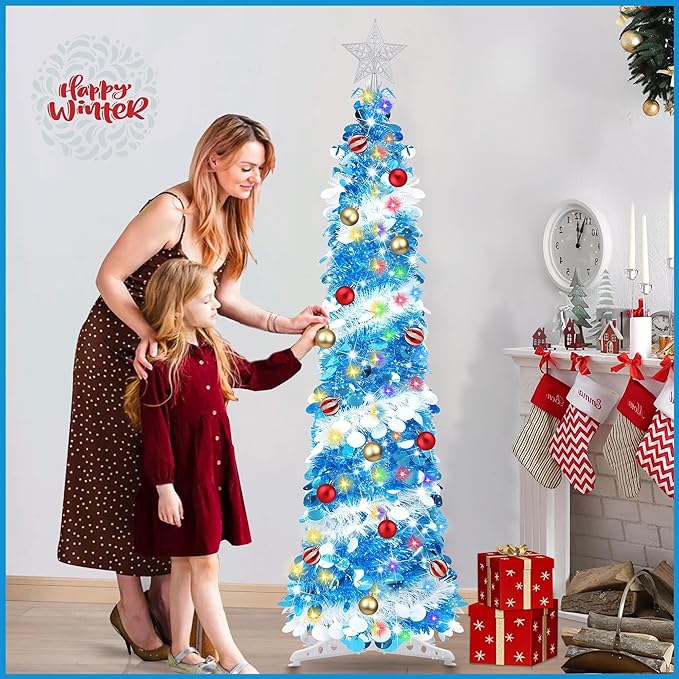 5FT Pop Up Christmas Tree with Timer 60 Warm White & Multi Color Fairy Light 3D Star 15 Ball Ornament, Blue White Tinsel Christmas Tree Slim Pencil Xmas Tree Home Office Holiday Decor Indoor Outdoor