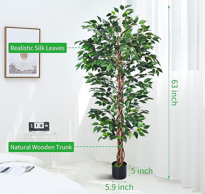 Artificial Ficus Tree 5FT Faux Silk Plants with Sturdy Plastic Nursery Pot,Fake Ficus Trees for Home Office Farmhouse Indoor Outdoor Decor Perfect Housewarming Gift (5FT-1Pack)