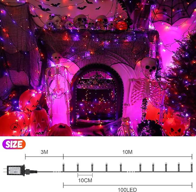 100LED Halloween String Lights 33 Ft Orange Purple Twinkle Light with 8 Modes Waterproof for Indoor Outdoor Party Garden Decor