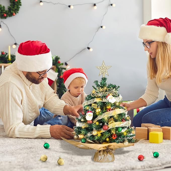 20" Mini Christmas Tree, Artificial Mini Christmas Tree with Lights, Tabletop Christmas Tree with Star Treetop Pinecones Boxes and Ball Ornaments for DIY Christmas Decoration (Green&Red)