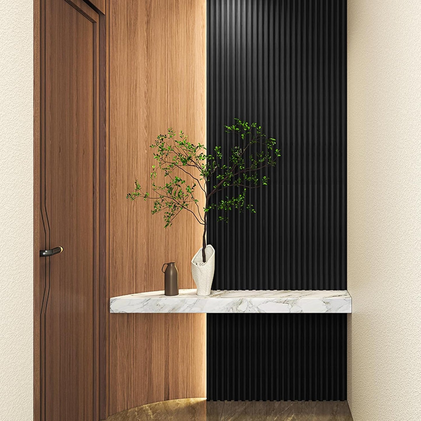 Art3d Fluted Wood Panel for Wall and Ceiling, Beaded Accent molding for Home Decoration, Pack of 4pcs + 1pc End-Trim, Size 108 x 5.7in.- Beaded Black