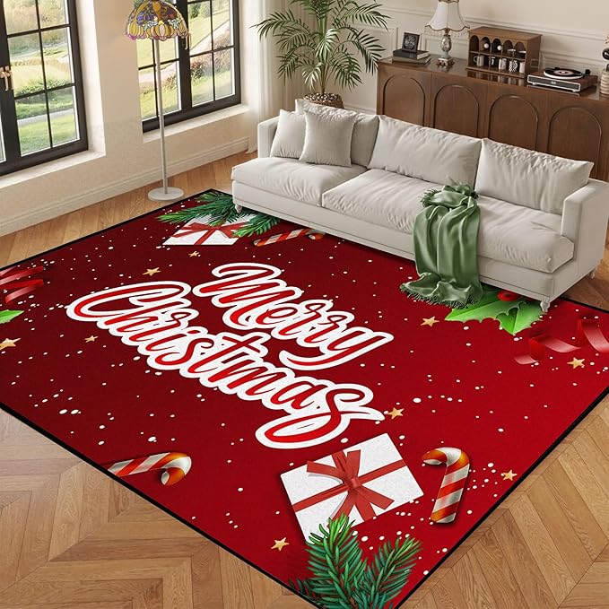 5' X 7' Christmas Rug Merry Xmas Door Mat Non-Slip Indoor Outdoor Front Door Doormat Living Room Bedroom Entrance Rug Happy Xmas Home Festive Decoration