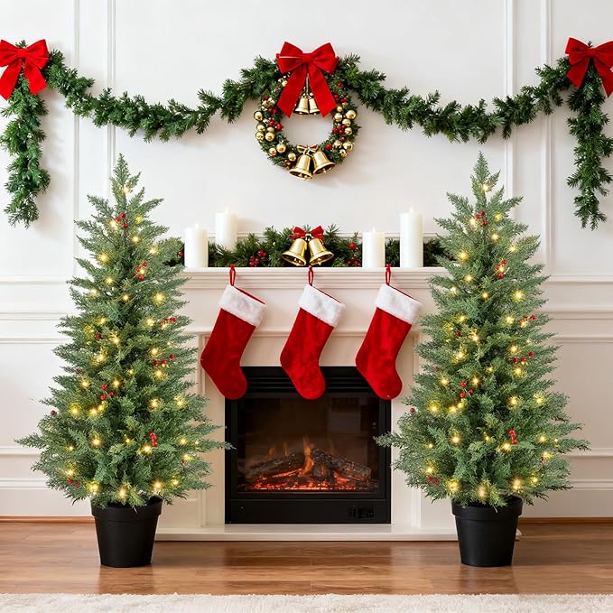 Happygrill 2 Pack 4 FT Pre-lit Cypress Christmas Trees, Potted Entrance Xmas Trees w/70 Warm White LED Lights, Timer, Red Berries, Battery-Operated Artificial Cypress Tree for Front Porch & Holiday