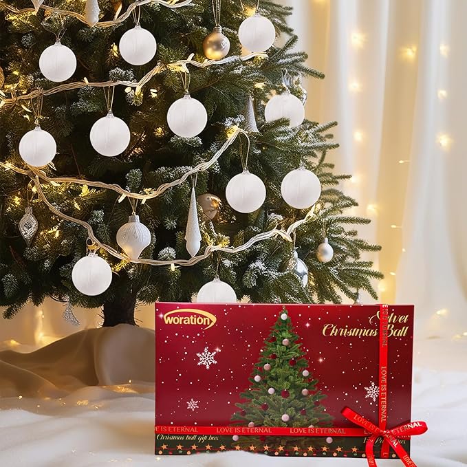 Woration 15pcs White Velvet Christmas Tree Ball Ornaments Decorative 2.36inches Christmas Plastic Balls Decorations for Xmas Trees Wreath Garland Party