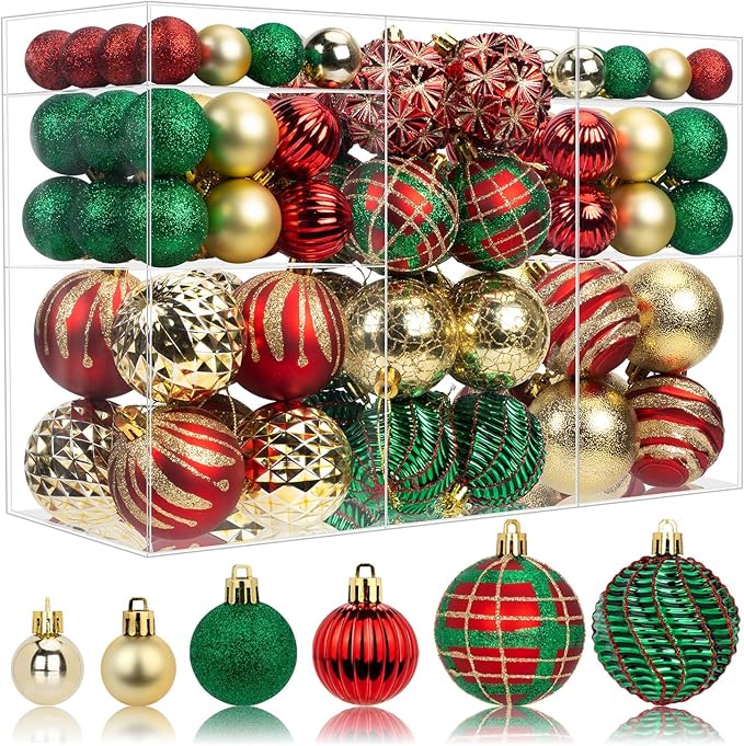 100ct Christmas Ball Ornaments Set, Red Green and Gold Shatterproof Hand-Painted Hanging Baubles Decoration Bulk for Xmas Tree, Wreath, Garland, Home Holiday Decor