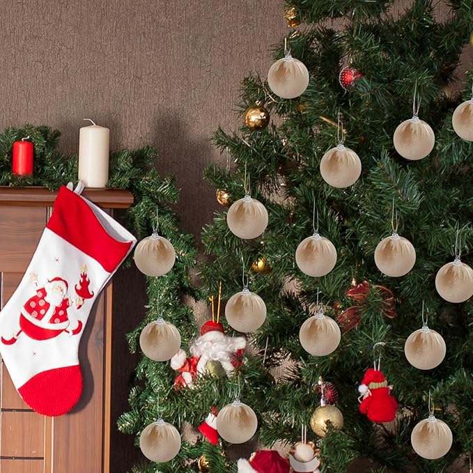 Woration 15pcs Christmas Velvet Ball Ornaments Flocked Xmas Tree 2.36inchs Small Shatterproof Hanging Ball Decoration for Holiday Party (Champagne)