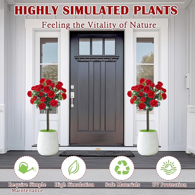 Sunnyglade 35.5" Set of 2 Artificial Camellia Tree, Faux Red Camellia Flowers Plant with Spike Fake Silk Flora Topiary Plants Tree for Indoor, Garden, Yard, Porch, Patio Decoration (Red)