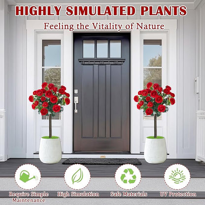 Sunnyglade 35.5" Set of 2 Artificial Camellia Tree, Faux Red Camellia Flowers Plant with Spike Fake Silk Flora Topiary Plants Tree for Indoor, Garden, Yard, Porch, Patio Decoration (Red)