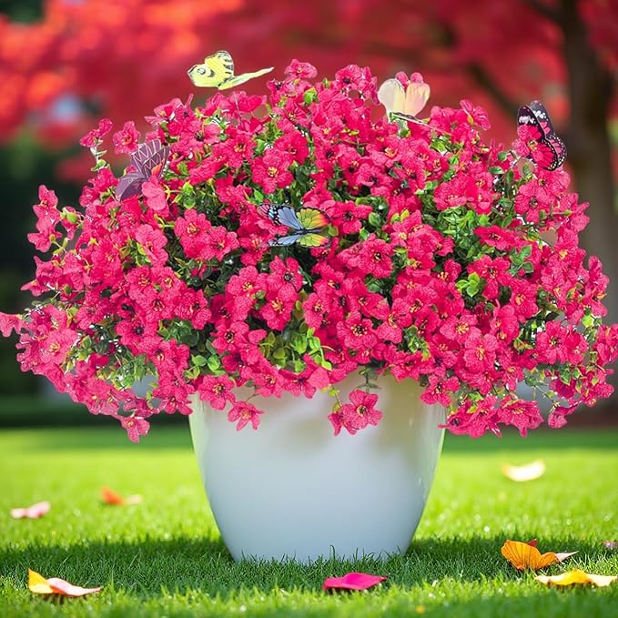 20 Bundles Artificial Flowers for Outdoors‌ with 6 Faux Butterflies, UV Resistant Fake Flowers‌ with Eucalyptus Leaves, Artificial Plants Outdoor‌ for Patio Garden Porch Home Decor (Rose Red)