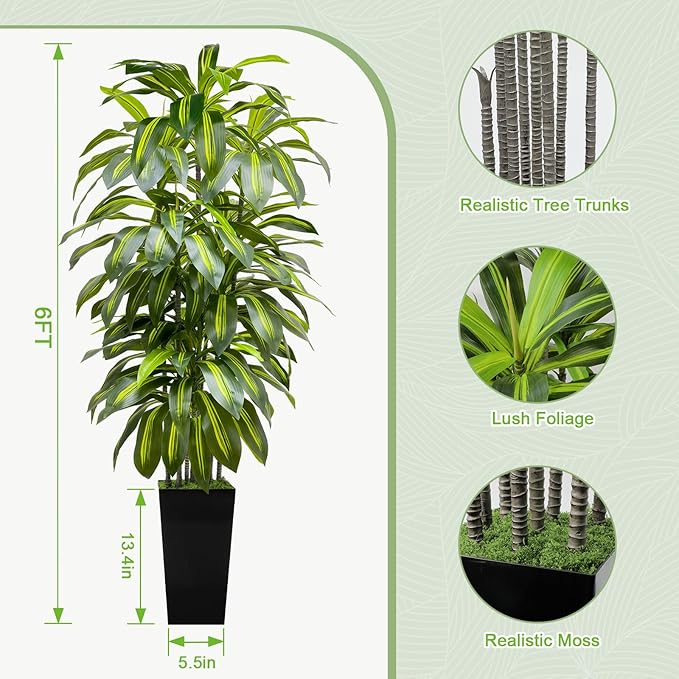 6FT Artificial Dracaena Tree Indoor Fake Tree Tall Plant with Black Planter Faux Plants Indoor Living Room Artificial Plants Indoor Decor Large Fake Plant