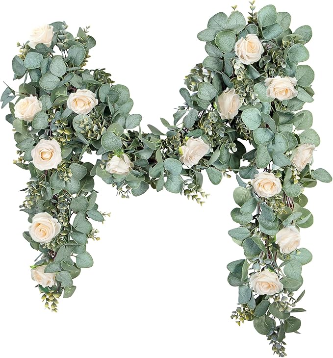 Ouddy Decor Eucalyptus Garland 6.56 Ft Lush Silver Dollar Leaves Boxwood Artificial Faux Greenery Vines for Baby Shower Wedding Party Table Runner Room Home Mantle Decor, Champagne