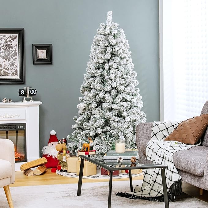 HAPPYGRILL 6 Feet Flocked Christmas Tree Artificial Xmas Tree with 600 PVC Branch Tips, Hinged Xmas Tree Life-Like Seasonal Holiday Tree for Home Office