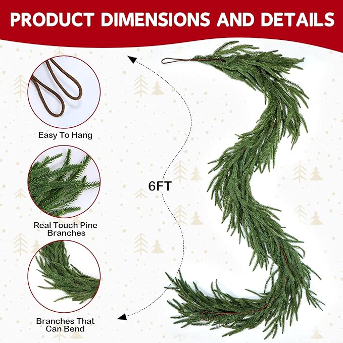 Faux Norfolk Pine Christmas Garland – Real Touch Greenery Artificial Cedar Christmas Garland for Fireplace Mantel, Staircase, Door Frame, Holiday Indoor Winter Décor (6FT-2Pack)