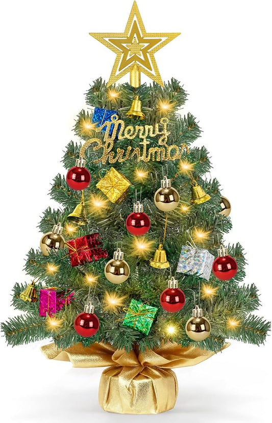 24 Inch Realistic Tabletop Christmas Tree Small Christmas Tree with 50 Warm Lights Star Treetop and Ornaments Battery Operated Indoor Home Table Christmas Decorations