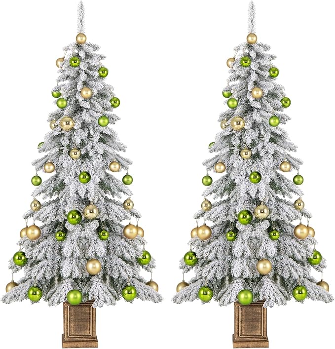 GOFLAME 6FT 2 Pack Potted Artificial Christmas Tree, Snow Flocked Xmas Tree with 589 Branch Tips, 48 Decorative Balls & Vintage Flowerpot, Hinged Holiday Decoration Tree for Home Party Entrance