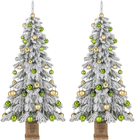 GOFLAME 6FT 2 Pack Potted Artificial Christmas Tree, Snow Flocked Xmas Tree with 589 Branch Tips, 48 Decorative Balls & Vintage Flowerpot, Hinged Holiday Decoration Tree for Home Party Entrance