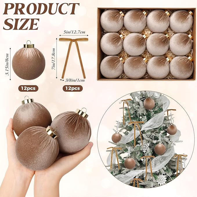 24 Pack Brown Christmas Ornaments Set, 12 Pcs 3.15 Inch Velvet Christmas Balls Shatterproof Flocked Hanging Balls Bulkand 12 Pcs Velvet Bows for Xmas Tree Garland Wreath Party Home Decor