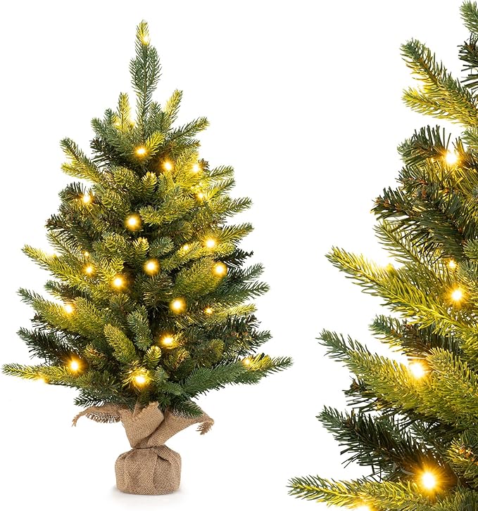 HAPPYGRILL 2 FT Tabletop Christmas Tree, Battery Operated Artificial Xmas Tree with 35 Warm White LED Lights, Small Spruce Fir Tree with 234 Tips and Solid Cement Base for Home Decor