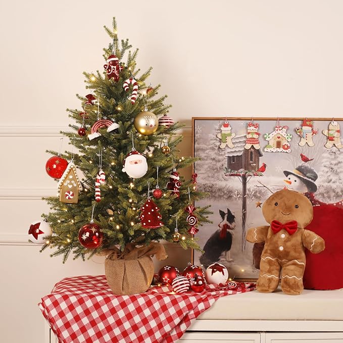 Alupssuc 65pcs Christmas Balls Ornaments Set, Shatterproof Plastic Baubles Gingerbread House, and Tree Topper for Xmas Tree Holiday Wedding Party Decorations with Hanging Strings, Gold & Red, White