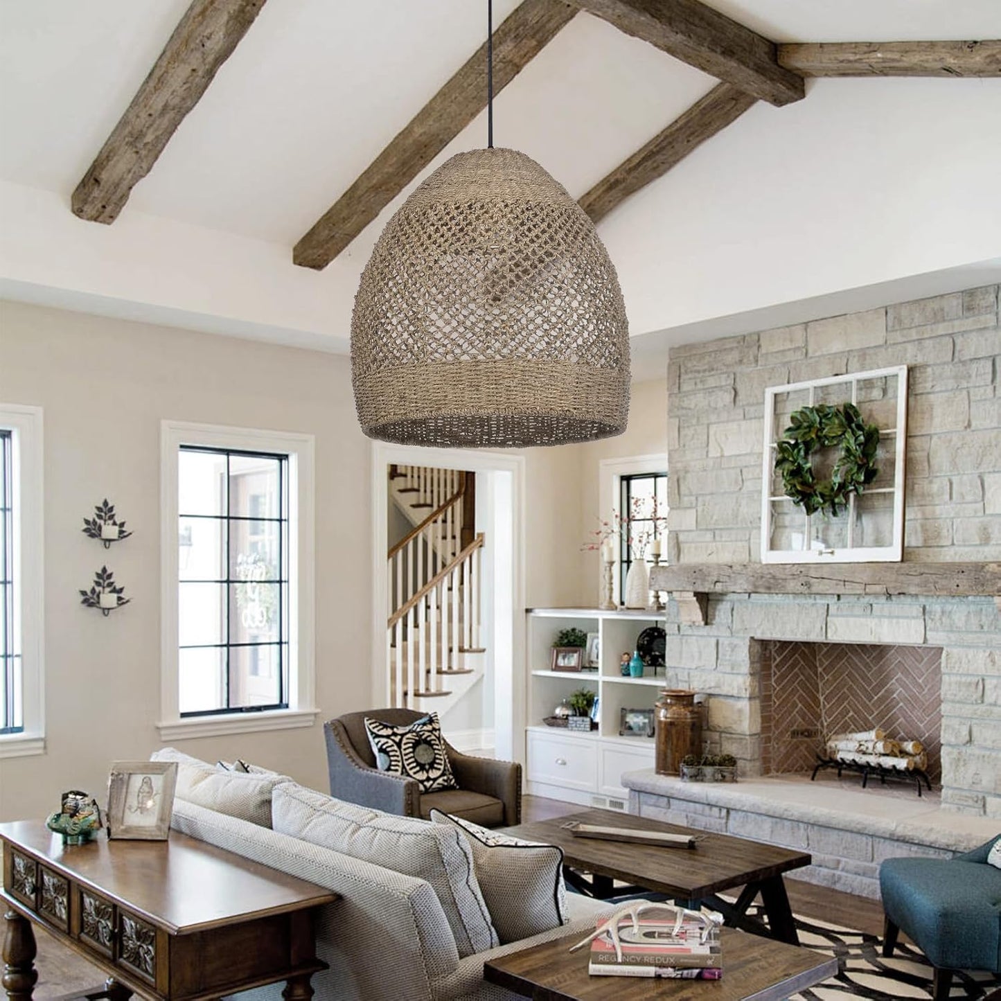 Arturesthome 19.6" Retro Rattan Woven Pendant Light Fixture, Chandelier with Lamp Shade Light Cover, Hanging Lighting for Kitchen Dining Room Foyer