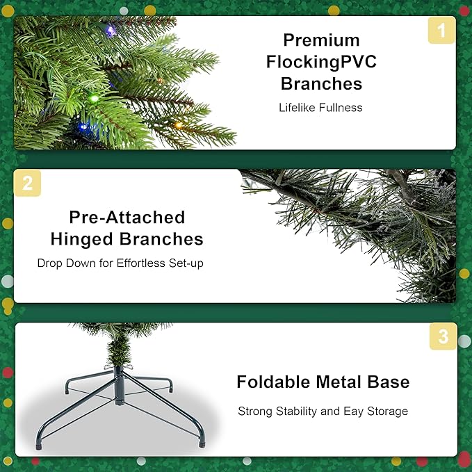 7.5ft Pre Lit Christmas Tree with 500 Multi-Color LED Lights – Artificial Balsam Holiday Tree with 2058 Realistic PE & PVC Tips, Foot Pedal, Hinged Branches, and Metal Stand