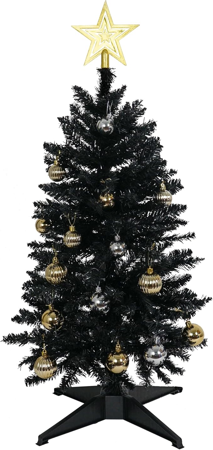 Sunshine Black Christmas Tree with Light 3ft Artifical Full Christmas Tree with Ball & Star Ornaments 8 Lighting Modes for Holiday Decor