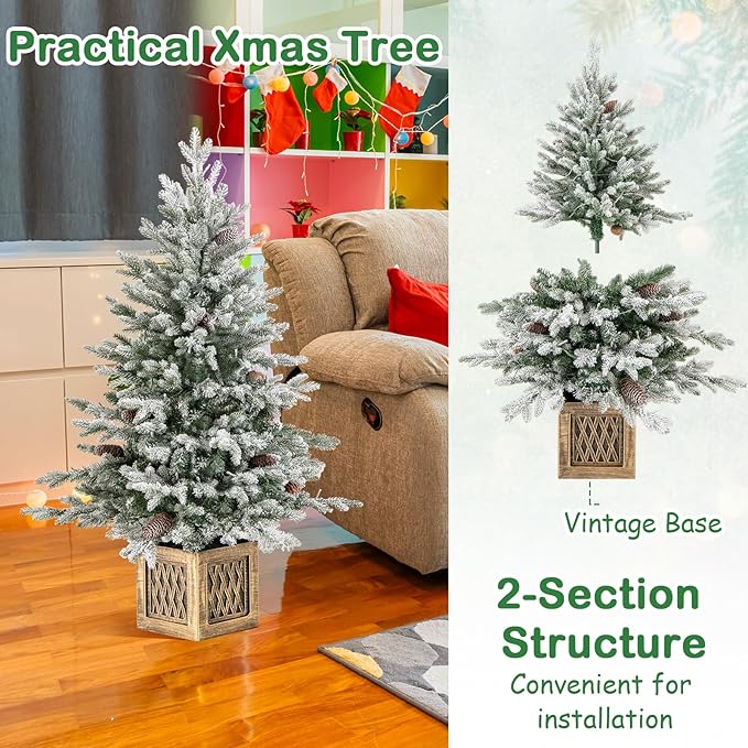 HAPPYGRILL 4 FT Pre-Lit Artificial Christmas Tree Flocked Xmas Tree with 231 PE PVC Branch Tips, 15 Natural Pine Cones, 100 Warm White LED Lights & Vintage Base, Decoration Tree for Party & Carnival